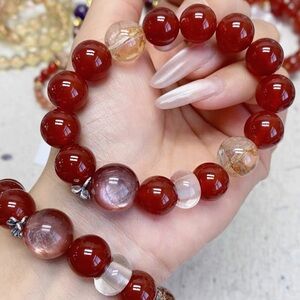 Red Agate Pink Lepidolite Fire Quartz Bracelet 12-14mm